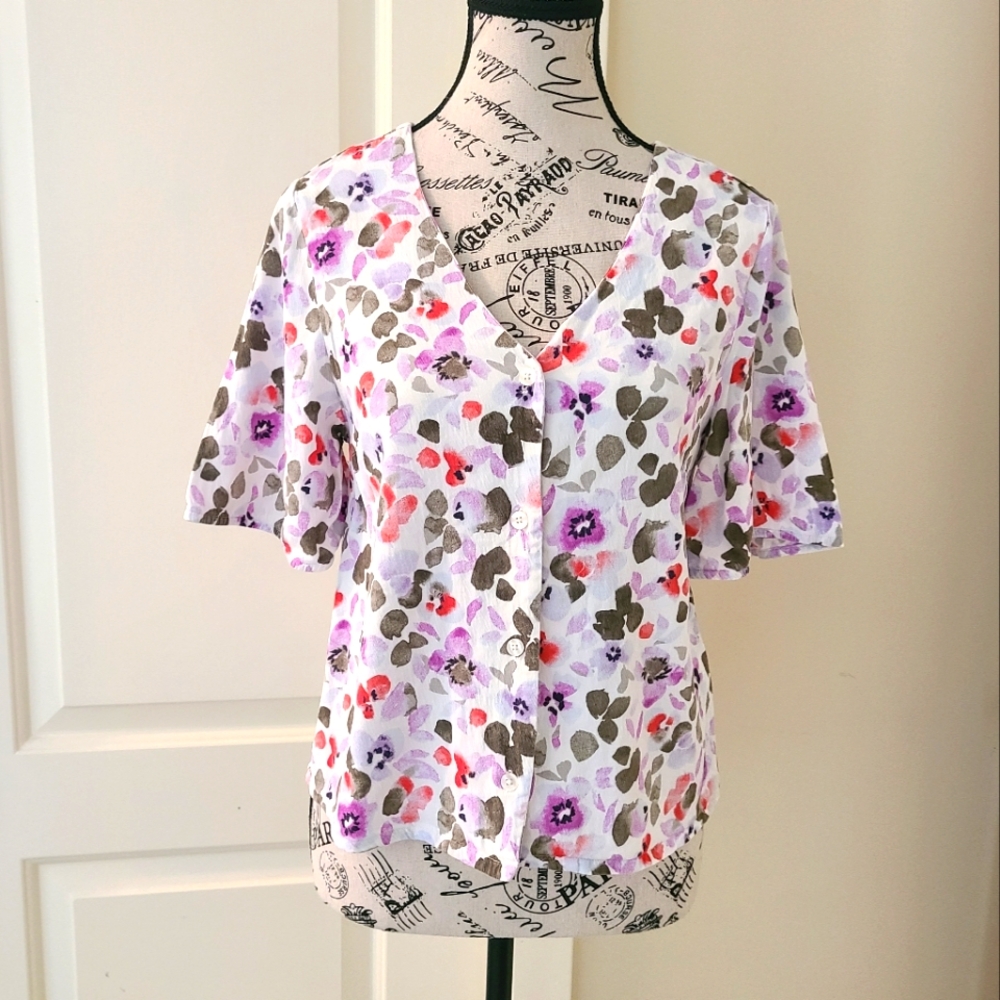 Frank & Oak Floral Top Boxy Button Up Cropped Flowy Short Sleeve Size Small